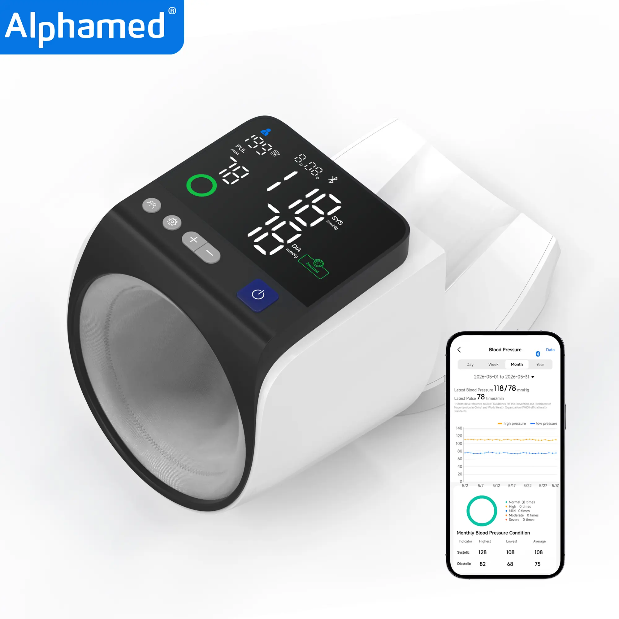 Alphamed Smart Upper Arm BP Pressure Monitor - LED Display, 1-Touch Measurement, High Accuracy, 199x3 Reading Memory, Medical-Grade Cuff-Free Health Monitoring Device for Home Health Easy Family BP Tracking (Just Press to Start)
