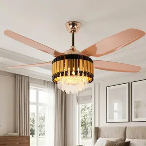 Gold Crystal Ceiling Fan Light, 46.1 Inch Modern Chandelier Fan, Remote Control 6 Speed Reversible Ceiling Fan With 3 Color LED Light For Dining Room Living Room Bedroom
