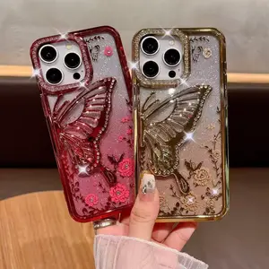 Rhinestone Flower & Butterfly Design Phone Case, Shockproof Phone Protective Cover, Phone Accessory Compatible with iPhone 16 Pro Max 15 Pro 14 Plus, Casing