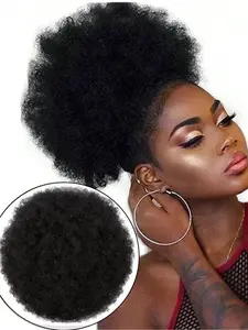 10 Inch Afro Puff Drawstring Ponytail Extension for Black Women, Premium Black Short Synthetic Afro Puff Ponytail for Natural Hair, Clip On Kinky Drawstring Curly Ponytail Bun