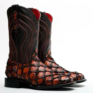 Cognac Jumbo Pirarucu Leather Boots - Square Toe