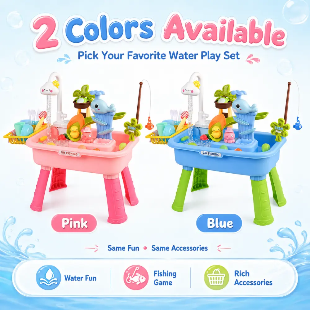 3-in-1 Kids Water Table & Play Sink, ABS Plastic Sensory Toy with Electric Circulating Faucet, Fishing Game, and Animal Figures for Ages-5464, Aged 3+, Boys & Girls, Kitchen Props, Multi-Mode