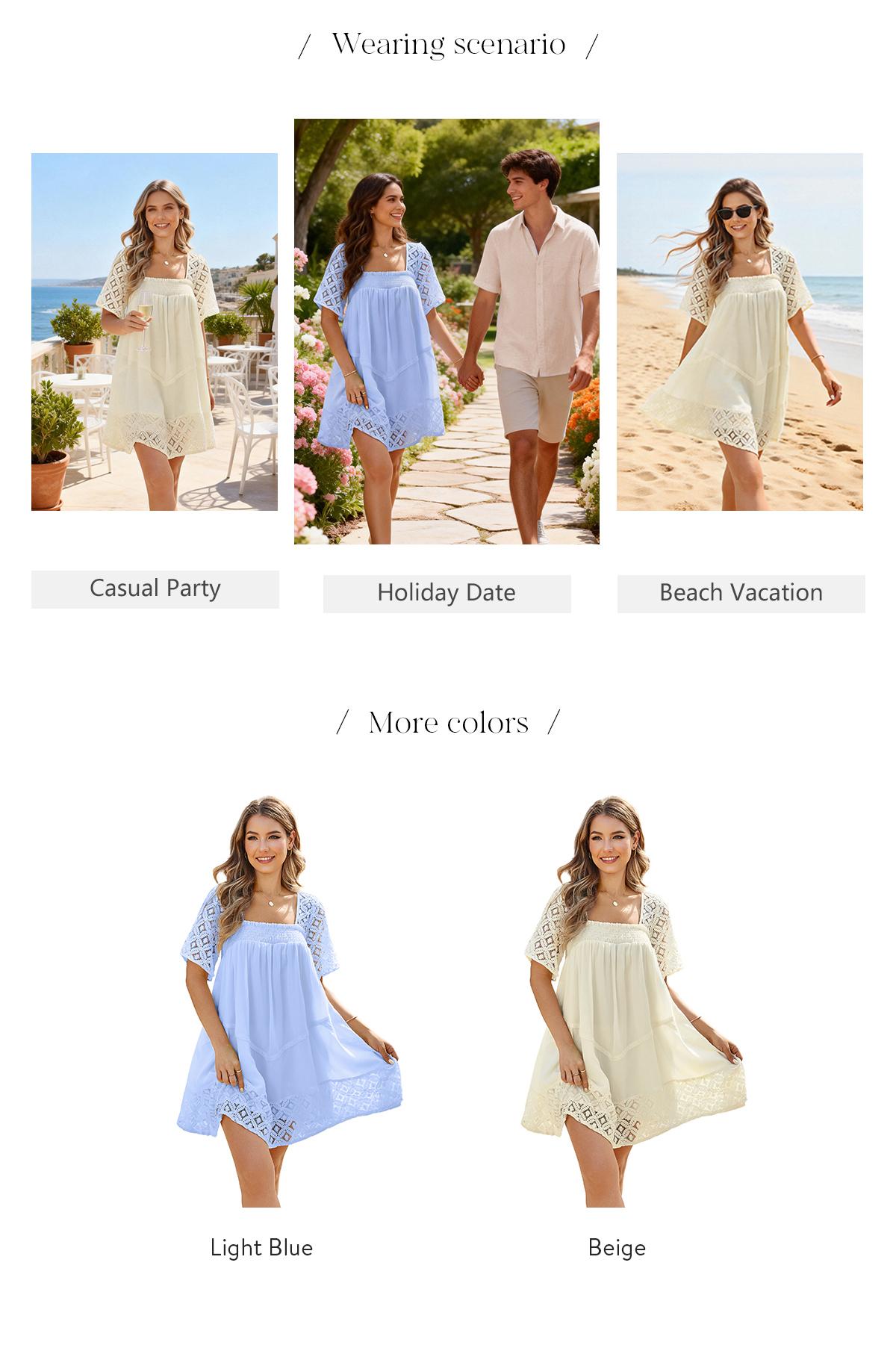 Chicovar Women's Boho Summer Babydoll Dress Square Neck Short Sleeve Hollow Out Lace Ruffle Beach Vacation Mini Dress Flowy A-Line Casual Sundress with Lining Not See Through,Easter dress