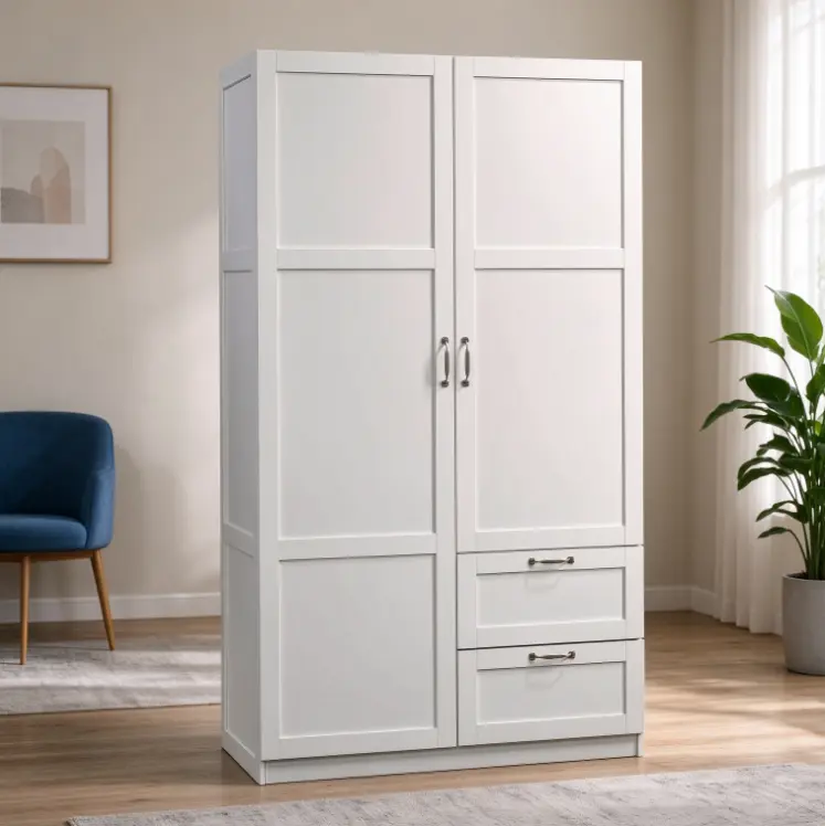Multipurpose Bedroom ArmoireWardrobe Closet Pantry Storage Cabinet withStorage Drawers and Hanging Rail, in SoftWhite finish