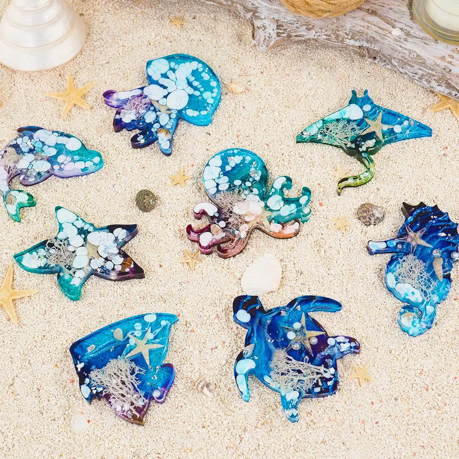 2-Pcs Oceanic Animal Silicone Molds Set - 16-Cavity Marine Theme Moulds with Adorable Octopus, Jellyfish, Dolphin, Sea Turtle, Shell - for Keychains, DIY Epoxy Resin Crafts - Home Improvement Supplies