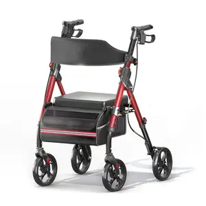 Foldable Rollator Walkers with Seat for Seniors, 350 lb Capacity, 8'' Big Wheels, 6-Position Height, Premium Hybrid Rolling Walker - Aluminum and Carbon Steel Wheelchair (RED)