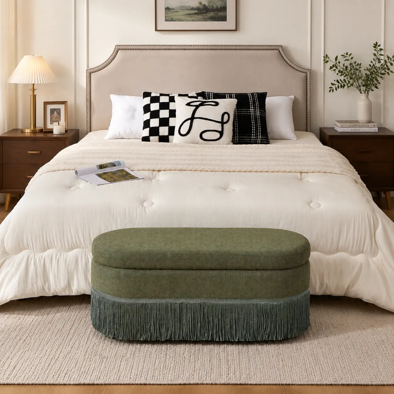 littleox Oval Upholstered Storage Ottoman with Fringe Trim & Lift-Top Lid - 39"L x 16"W x 17"H, Multi-Functional Footrest & Hidden Storage for Living Room or Bedroom - Green Fabric with Metal Frame