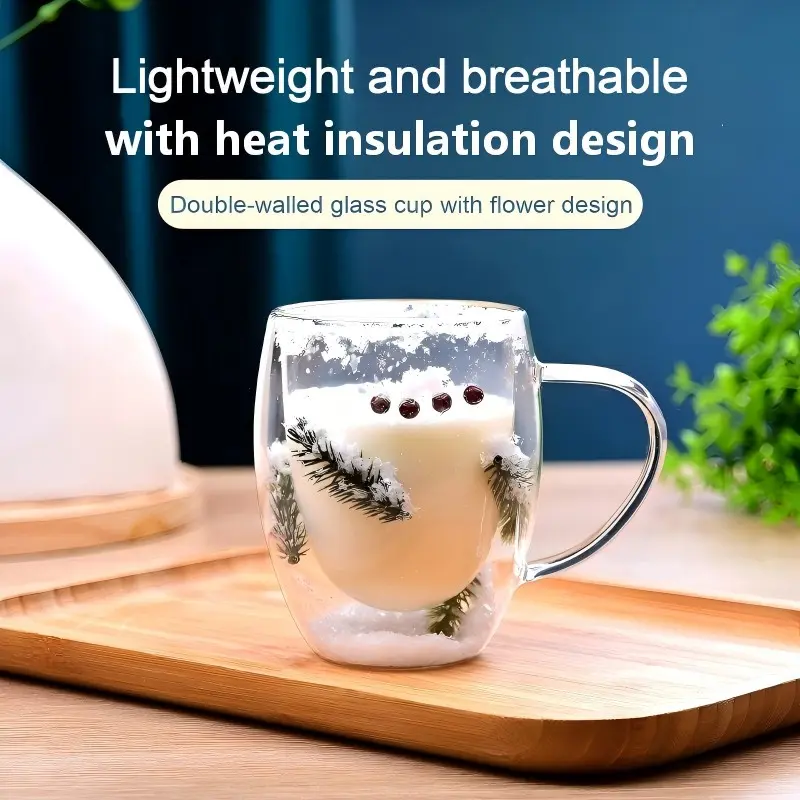 12oz 350ml Ins Forest Style Dried Flower Glass Cup, Heat Resistant Insulated Coffee Milk Mug, Aesthetic Drinking Glass for Christmas Holiday Gift