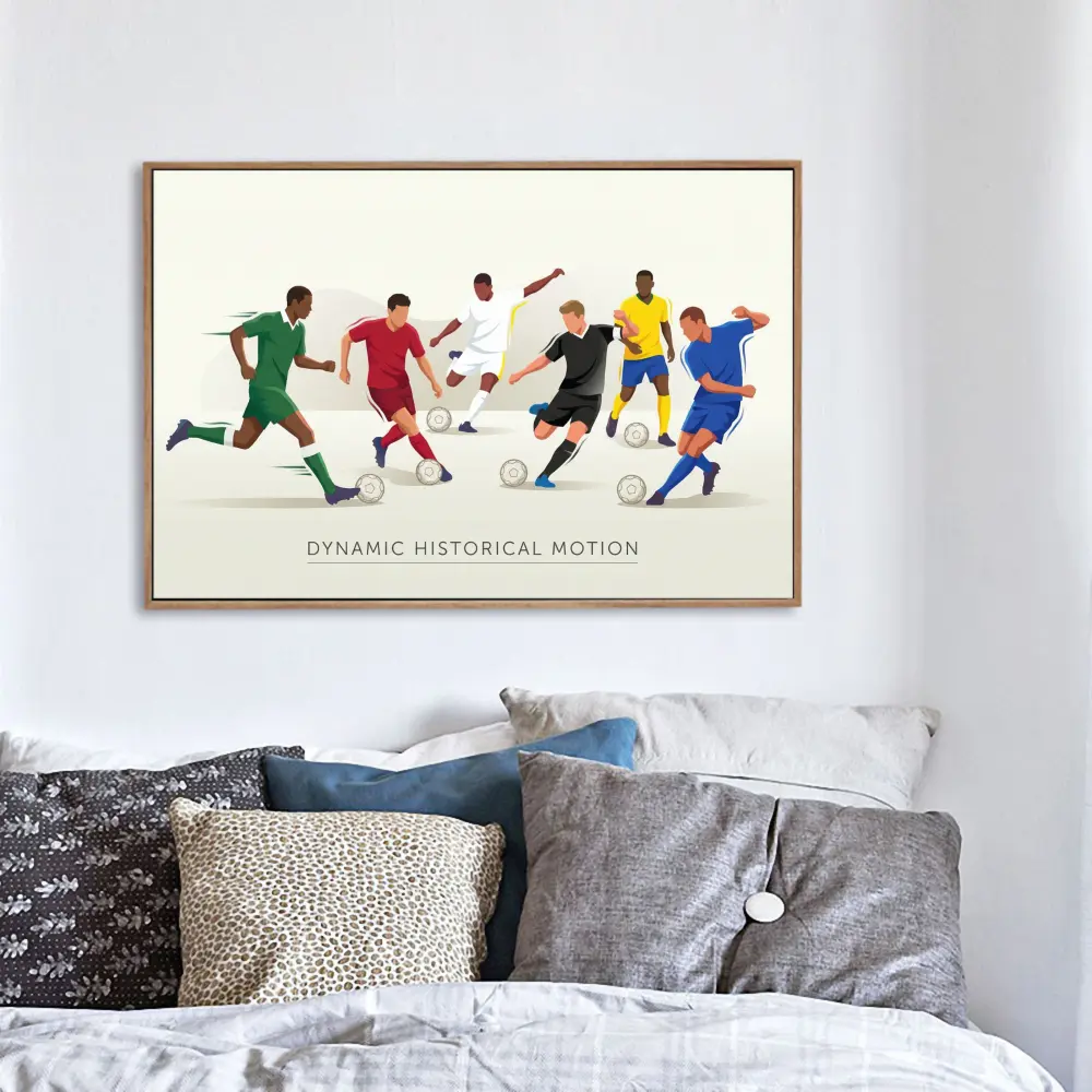 Wall Art Painting  Dynamic Historical Motion Soccer Players Canvas Print Poster Living Room Bedroom Home Office Match Party Sports Decor, with Wooden Floating Frame Size 24X18inch