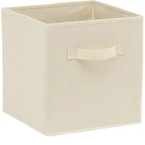 Basics Collapsible Fabric Storage Cube Bins Organizer with Handles, Sturdy, Beige, Folding Storage Box