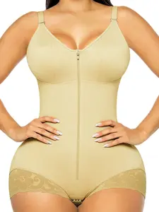 1 Count Women's Solid Color Adjustable Strap Bodysuit, Womenswear, Fajas Colombiana Shapewear, Front Zipper with Built Bra Shapewear , Lace Trim Jumpsuit, Abdomen Smoothing & Butt Lifting Bodysuit, Perfect for Daily & Party, Elegant Underwear