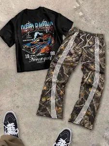 Men's Casual Clothing Set, Short Sleeve T-Shirt with Road Racing Print, Camo Pants with Stripes, Street Style Sports Wear