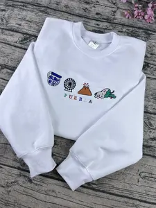 Puebla Embroidered Sweatshirt, Mexico Culture Machine Embroidery, Ferris Wheel, Volcano