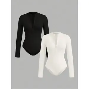 Women's Solid   Zip Mock Neck Bodysuit, Casual Long Sleeve Bodysuit for Daily Wear, Ladies Clothes for All Seasons