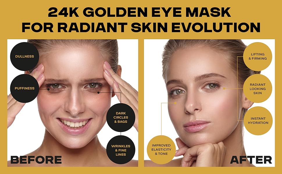 24K Gold Under Eye Patches for Dark Circles: 60 PCS Golden Hydrogel Eye Pads - Under Eye Mask for Puffy Eyes, Wrinkles and Bags - Anti-Aging Collagen Skincare - Brightening, Hydrating and Refreshing