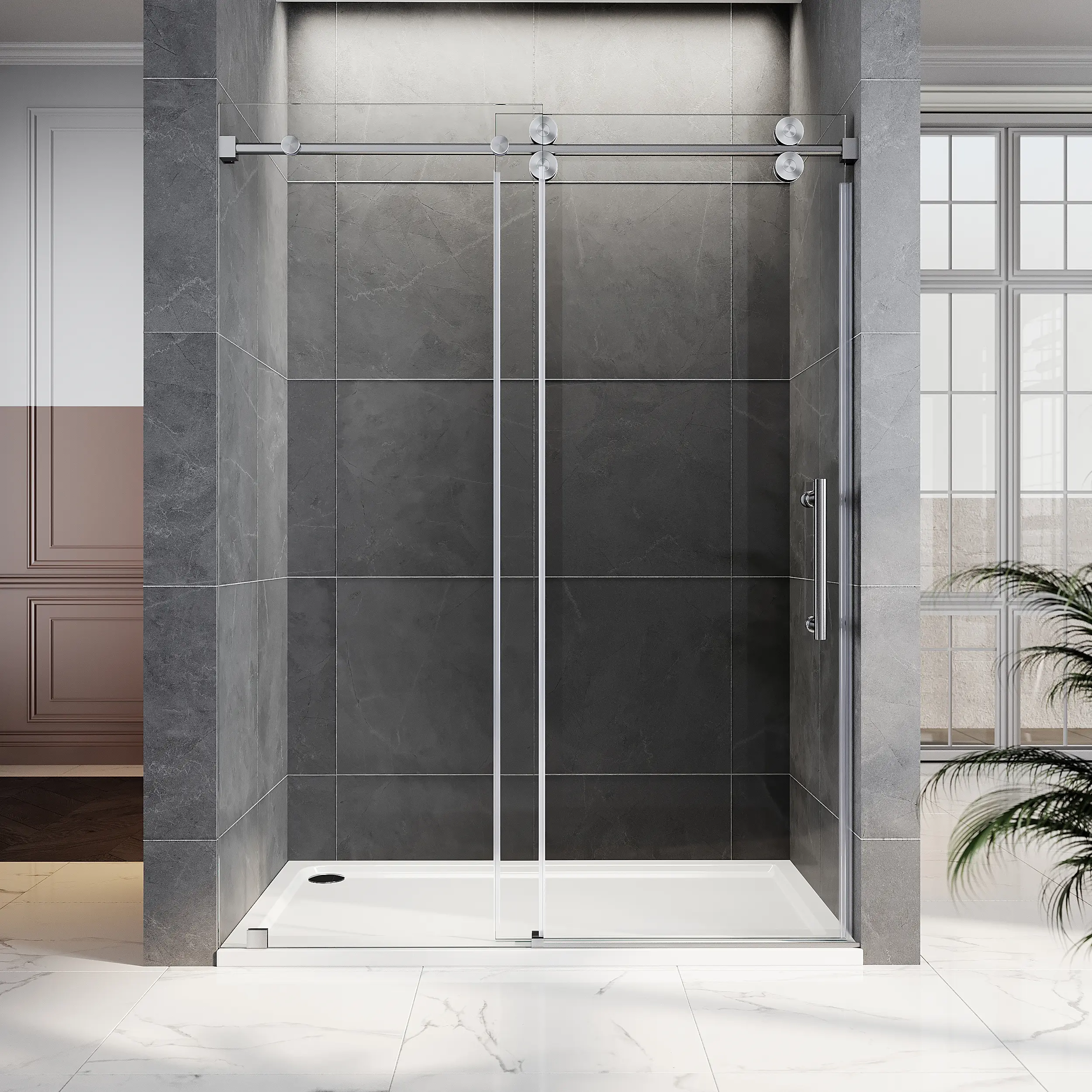 Unikoo King Series 56"- 60" W×80" H Frameless Stainless Steel Sliding Shower Door with 3/8" (10mm) Certified Tempered Clear Glass. UKS04-6080