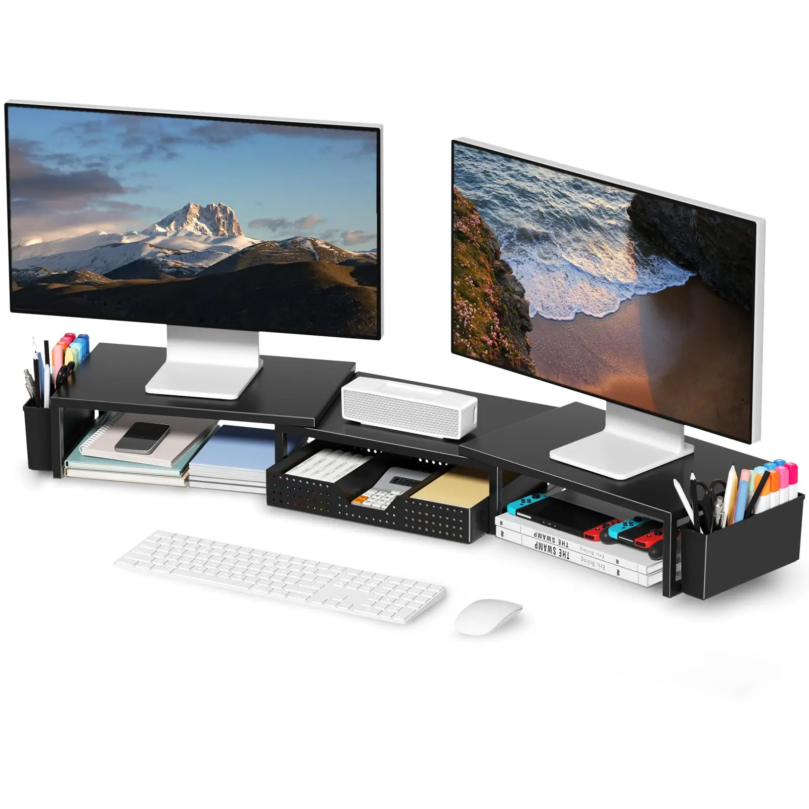 Black Metal Multi Purpose Desk Organizer - Ergonomic Height Adjust, Strong and Stylish Dual Monitor Stand Riser with Drawer, 2 Pen Holders, Desk Shelf Rack for Dorm & Office Use
