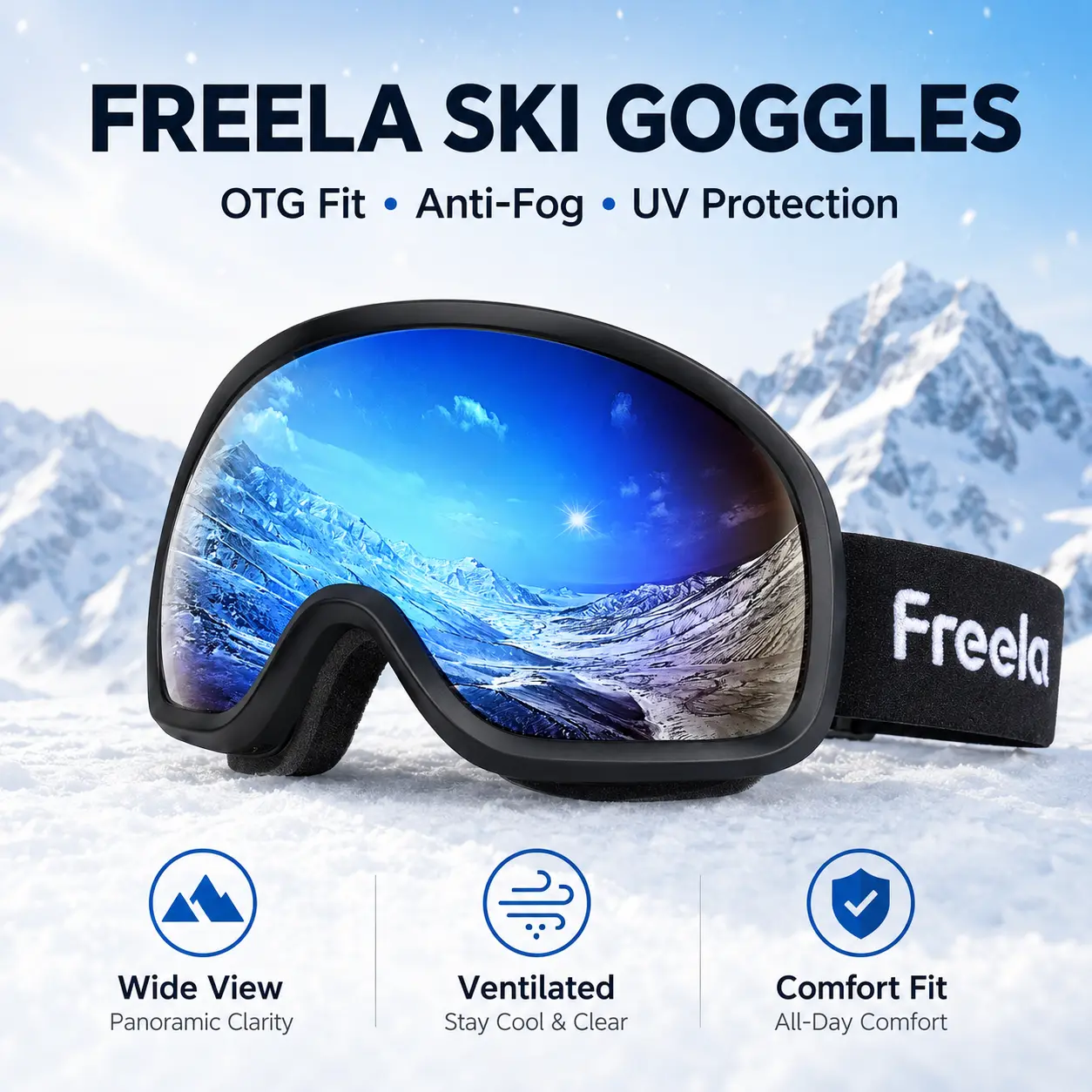 Freela Ski Goggles OTG for Men & Women 100% UV400 Protection Anti-Fog Snowboard Sports Goggles with Dual-Lens & Mirror Coating for Adults & Youth - Skiing