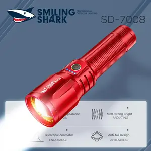 【SD-7008】SmilingShark Torch Light Led M80 Strong Bright Powerful Flashlight USB Rechargeable Zoomable Waterproof Outdoor Emergency Hiking Fishing Camping Lighting Lamp Red