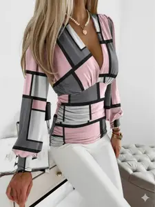 Women’s Elegant V-Neck Long Lantern Sleeve Blouses - Casual Geometric Print & Solid Color Ruched Waist Tops Slim Fit Work Shirts Dressy Fall Fashion