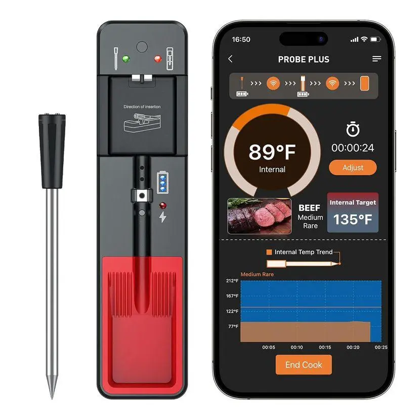Smart Wireless Bluetooth-compatible Barbecue Meat Thermometer, 1 Set USB Rechargeable Wireless Thermometer with Probe, Digital Cooking Thermometer, Food Temperature Thermometer, Food Thermometer, Kitchen Utensils & Gadgets, Home