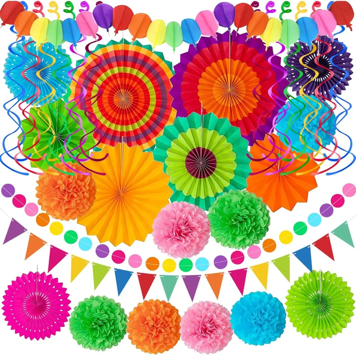 33Pcs Eco-Friendly Multi-Color PVC Eclectic Party Decorations Set - 8 Paper Pom Poms, Paper Fans/Garlands, Pennants, Hanging Swirls, Banners, Hollow Balloons, Ornaments, Mountable, Easy to Hang and Remove for Kids' Birthday, Room Decor