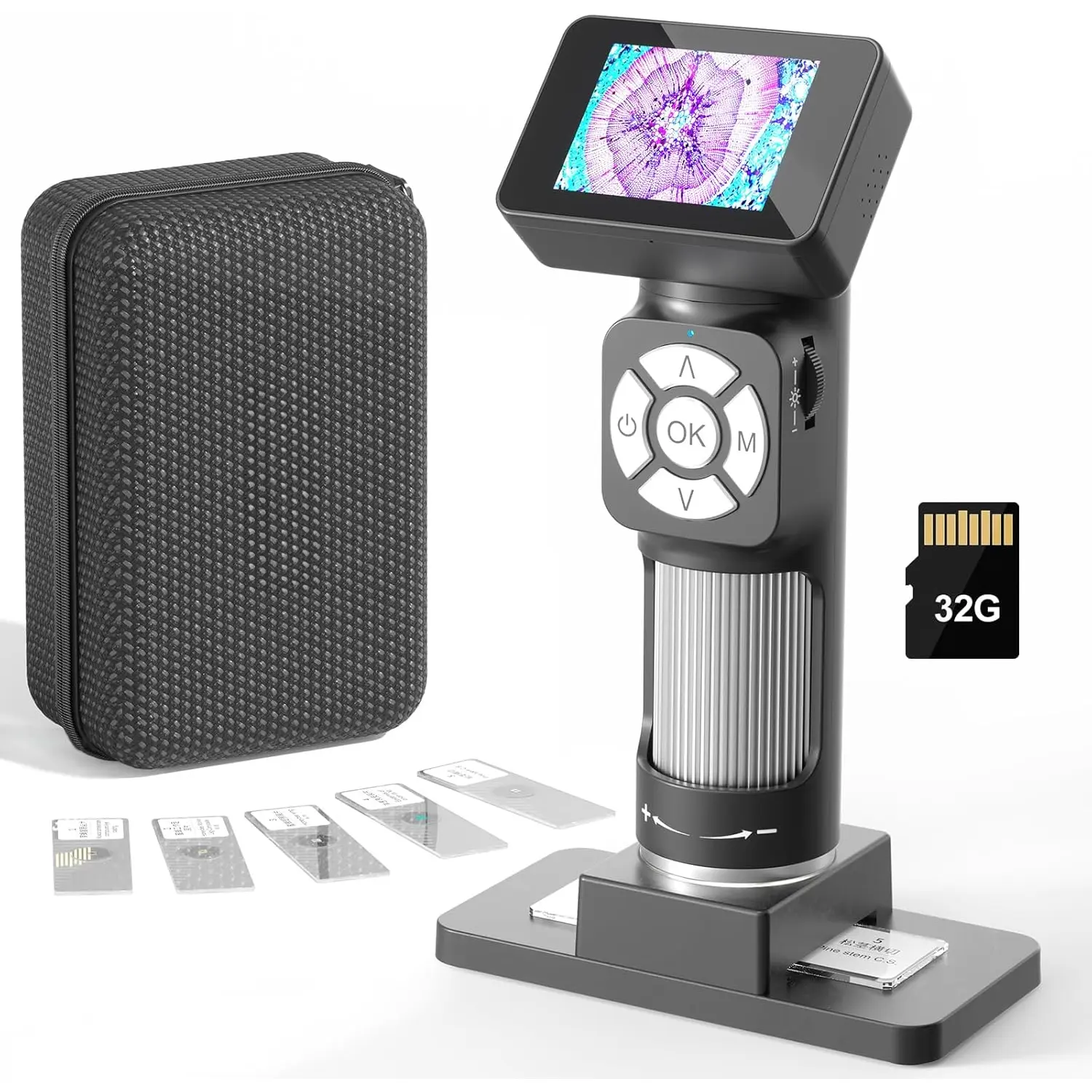 LM112 Microscope for  Adults Handheld with 2" Screen, 500X Portable Microscope Kit with Case, USB Magnifier with 8 LED Light, 5 count Biological Slides, 32G