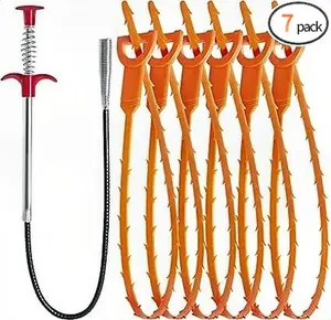 Hair Drain Clog Remover Tool – 6 × 25-Inch Sink Snake + 1 × 24-Inch Drain Cleaner Tool, Plumbing Snake for Shower, Toilet, Kitchen Sink & Tub – 7-Piece Hair Removal Tool Set