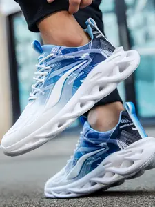 Plus Size Men's Blue-White Gradient Blade Athletic Running Shoes Hollow Lightweight Elastic Breathable Mesh Running Commute Sneakers Sports Shoes