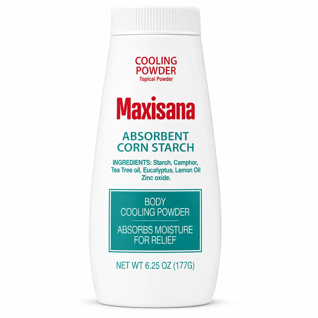Maxisana | Cooling Body Powder with Absorbent Cornstarch | 6.25 oz | 1-Pack |Cooling powder with eucalyptus and lemon oil — Cooling Body Powder with Absorbent Cornstarch | 6.25 oz | 1-Pack |  for lasting freshness through heat and sweat