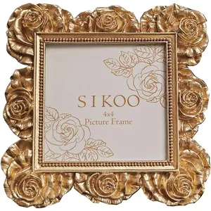 SIKOO Small Vintage Picture Frames 4x4 Antique Picture Frames Ornate Flower Gold Picture Frame Rose Design Photo Frames Tabletop and Wall Mount Floral Retro Home Decor Gallery Wall Art