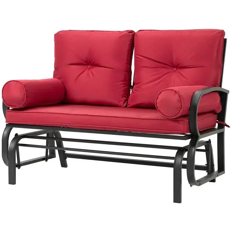 Fast Furnishings Steel Outdoor Garden Patio Rocking Glider Chair Loveseat with Red Cushions