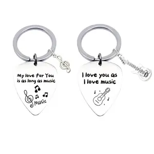 Music Guitar Pick Stainless Steel Keychain Couple Pendant Guitar Note Pendant Valentine's Day Gift
