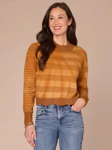 Long Sleeve Mock Neck Wavy Scallop Hem Stripe Mix Tie Dye Sweater