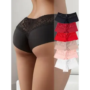6-Pack Elegant Nylon Boyshorts & Boxers for Women,90% Nylon 10% Elastane,Solid Color with Contrast Lace Detail, Breathable Knit Fabric,White Pink