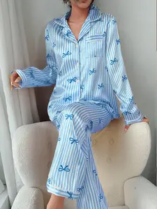 Women's Casual Home Wear Loungewear Suit, Soft Fabric Long Sleeves Button-Up Top & Elastic Waist Pants, All-Season Fitted Design