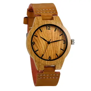 OIDEA Women's Faux Wood Case Leather Strap Bar Index Gold Minimal Quartz Watch with Watch Box, Gold Quartz Watches, Minimal Quartz Watches
