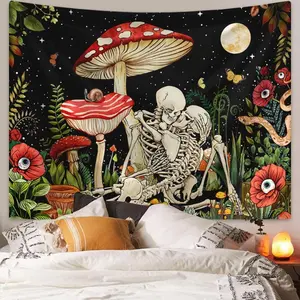 Mushroom & Bone Printed Tapestry Fantasy Flower Plant Aesthetics Home Decoration Pendant Halloweenroom Decor Wall Decor Bedroom Tapestry Unique Theme Hanging Single Piece