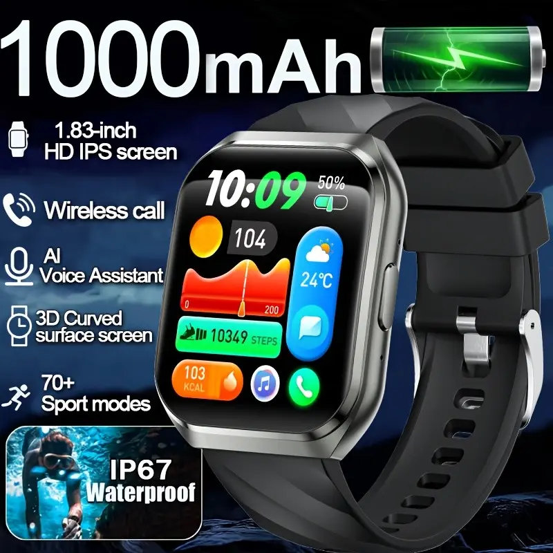 2026 Men's and Women's Outdoor Smart Watch, 1.83 Inch Color Screen, Wireless Calling, 3D Curved Display, 1000mah Battery, 100+ Sports Modes