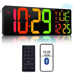 Large Digital Wall Clock 17.2" Bluetooth Auto Time Sync Led Digital Clock Large Display 11 RGB Colors Digital Calendar Auto-Dimming/DST Big Timer With Remote For Living Room Classroom Decor Garage