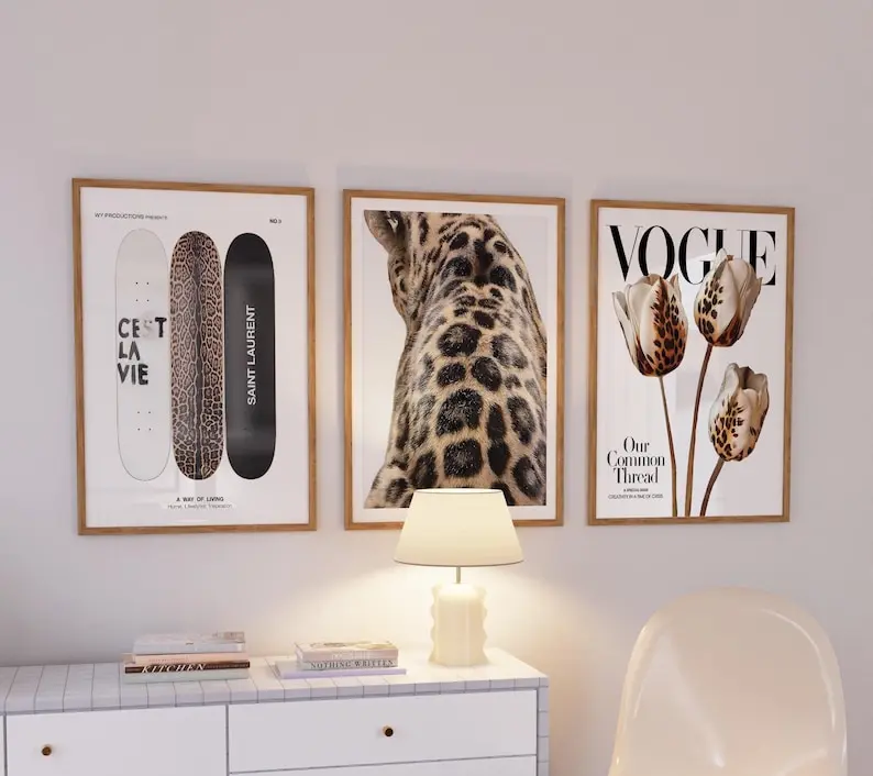 Set of 3 Vintage Prints Leopard Cheetah Print 8 Ball Lucky Black and White Trendy Wall Art Gallery Preppy Luxury Home Decor(Note: Frame shown for display only) Black and White Ace of Hearts Posters Decoration Artistic