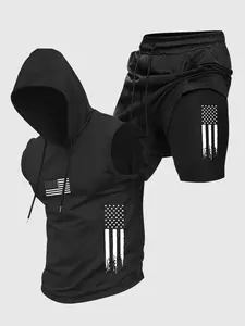 Men's Summer Casual Set, Hooded Sleeveless Vest and Fake Two-Piece Sports Basketball Shorts, Simple Flag Print Design, Fashion Athleisure Breathable Clothes