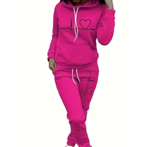 2026 New Women's Maroon Heartbeat Print Hoodie and Jogger Pants Set Autumn Winter Casual Lounge Wear with Kangaroo Pocket Minimalist Rose Red Protective Gear Suit Free $5 Gift
