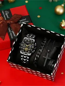 4-piece set of men's business elite gifts, Korean version casual quartz strap necklace bracelet ring, Christmas holiday gift perfect item, Jewelry Watch Set