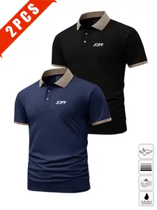 Men's Summer Polo Shirts, 2-Pack Letter Print Short Sleeve, Breathable Casual Golf Wear, Slim Fit, Multi-Color, Perfect Gift for Husband
