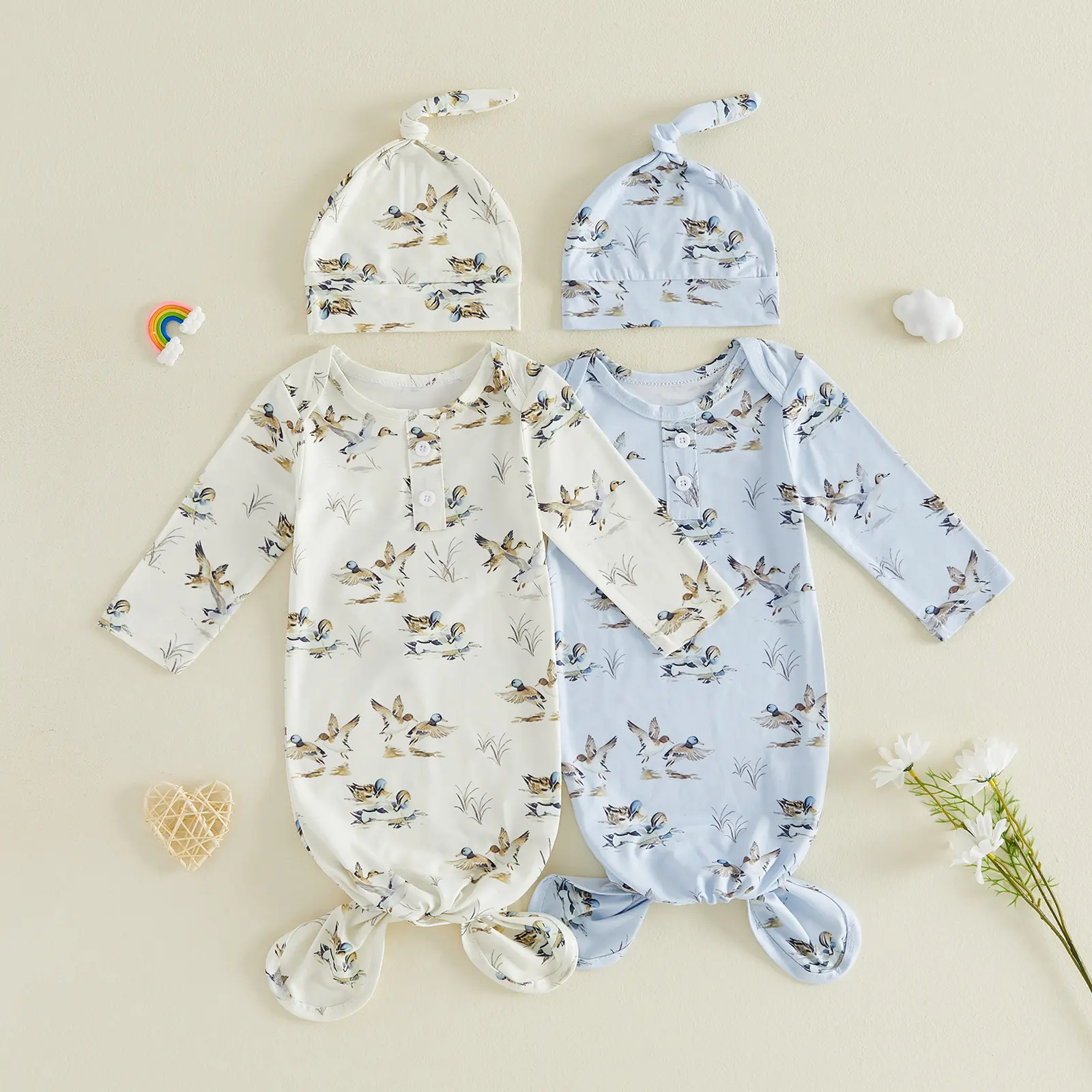 Baby Boy Sleeping Bag with Hat Cute Duck Print Newborn Knotted Gown Infant Swaddle 0-6 Months