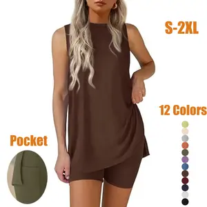 Sleeveless Crewneck Women's 2 Piece Sets Summer Matching Lounge Shorts Set Resort Airport Travel Outfit Split Hem Casual Clothes Basic Fitted