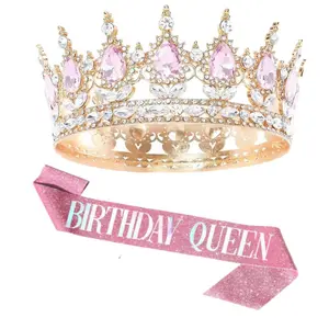 Rhinestone Birthday Party Set, Gold Crown Headpiece, Elegant Crown Design, Girls' Dress Belt, Women's Happy Birthday Hair Accessory, Celebration Gift Decorations, Birthday Crowns