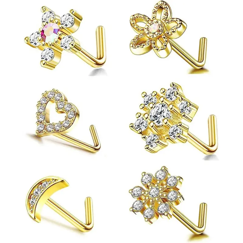 Women's Elegant Glittering Star & Heart & Flower Design Nose Studs, Stud Nose Rings, Cute Trendy Nose Piercing Jewelry, Fashionable Body Jewelry for Women & Girls, Valentine's Day, Gift, Septum Jewelry