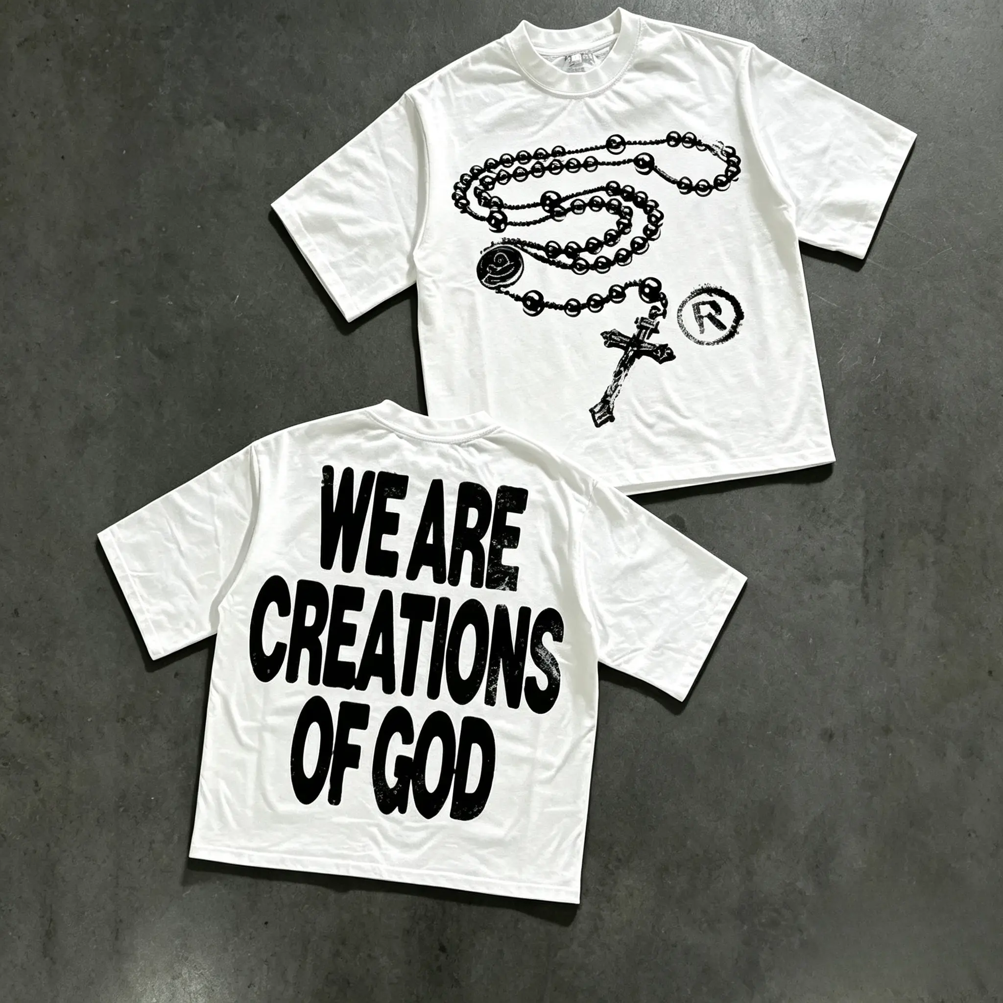 Menswear Tops Y2K Street Religious Graphic T-Shirt, Front Rosary Cross Back "We Are Creations Of God" Slogan Tee, Unisex Oversized 220g Soft Cotton Short Sleeve Casual Top fashionable summer good